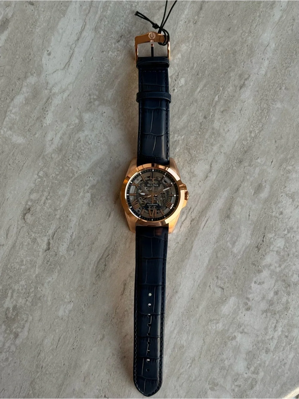 Bulova Rose Gold Case with Blue Leather Accents Watch